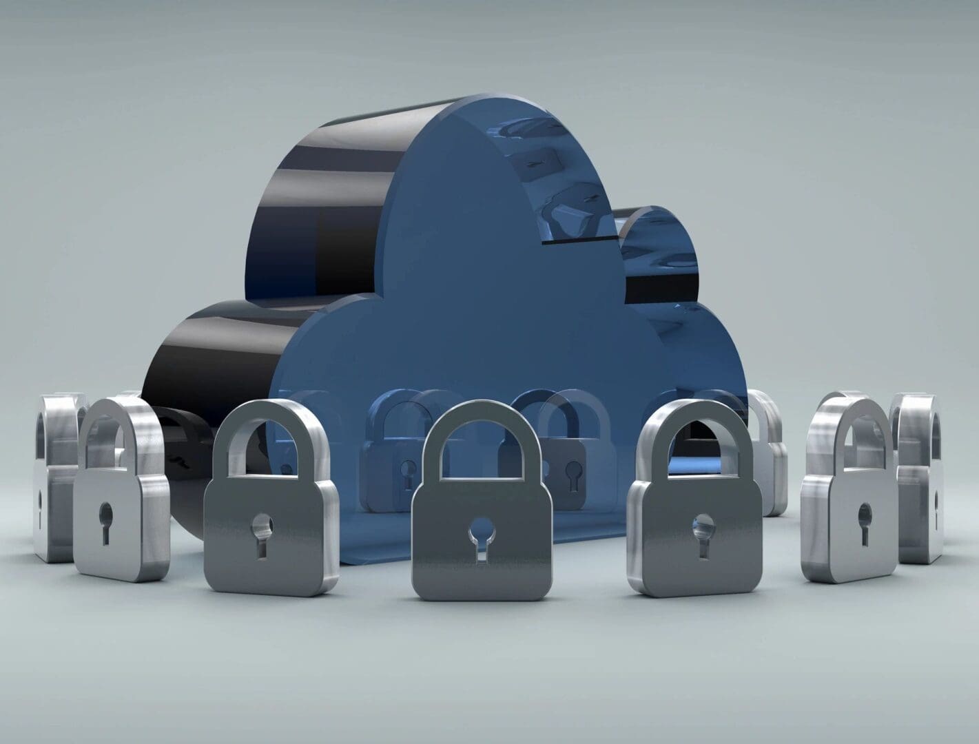 A group of padlocks sitting in front of a cloud.