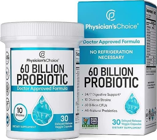 A bottle of probiotic next to the box.
